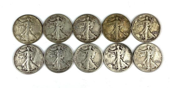 Group of 10 US Walking Liberty Silver Half Dollars