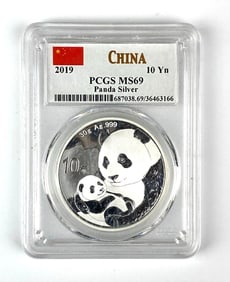 PCGS Graded 2019 10 Yuan Panda 30 Gram .999 Silver MS69