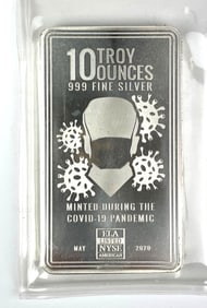 2020 NYSE Minted During the Covid 19 Pandemic 10 oz .999 Fine Silver Ingot/ Bar