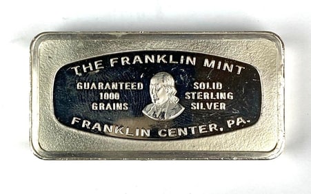 1974 The Franklin Mint 1000 Grain 2 oz Sterling Silver Ingot/ Bar