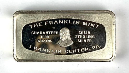 1974 The Franklin Mint 1000 Grain 2 oz Sterling Silver Ingot/ Bar