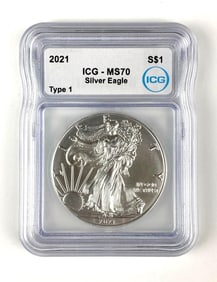 ICG Graded 2021 US $1 Silver Eagle Dollar MS70