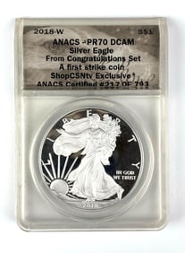 ANACS Graded 2018 W US $1 Silver Eagle Dollar PR70 DCAM