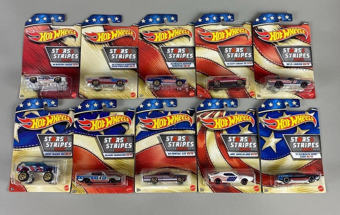 Set of 10 Hot Wheels Stars and Stripes Die-Cast Vehicles: 2019. New in packaging