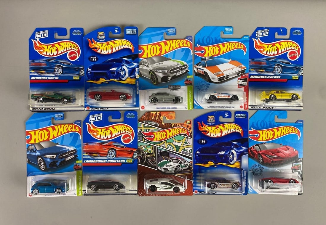 Group of 10 various Hot Wheels Die-Cast Vehicles: Set of 6 Hot Wheels Mercedes and 4 Hot Wheel Lamborghini die-cast cars. New in packaging.