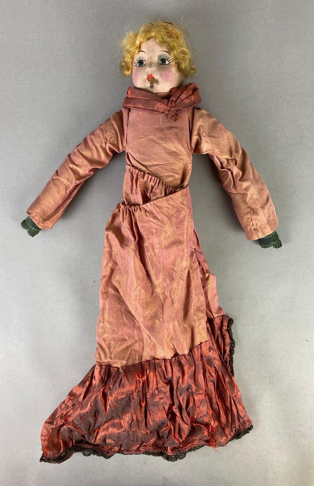 Antique Smoking Boudoir Cloth Doll with Paper Mache Head (1 of 8)