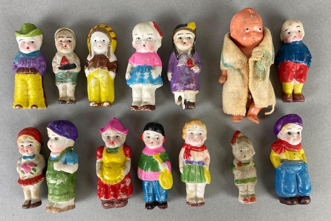 Group of Miniature Porcelain Bisque Dolls: One with broken leg, Largest measures 3 1/2 inches tall.