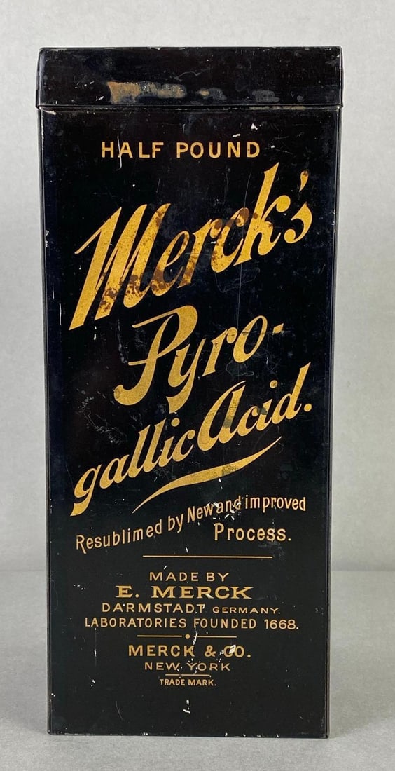 Merck and Co. Mercks Pyro-Gallic Acid Advertising Tin: Half Pound tin, Measures 10 1/2 x 4 1/2 x 4 1/2 inches.