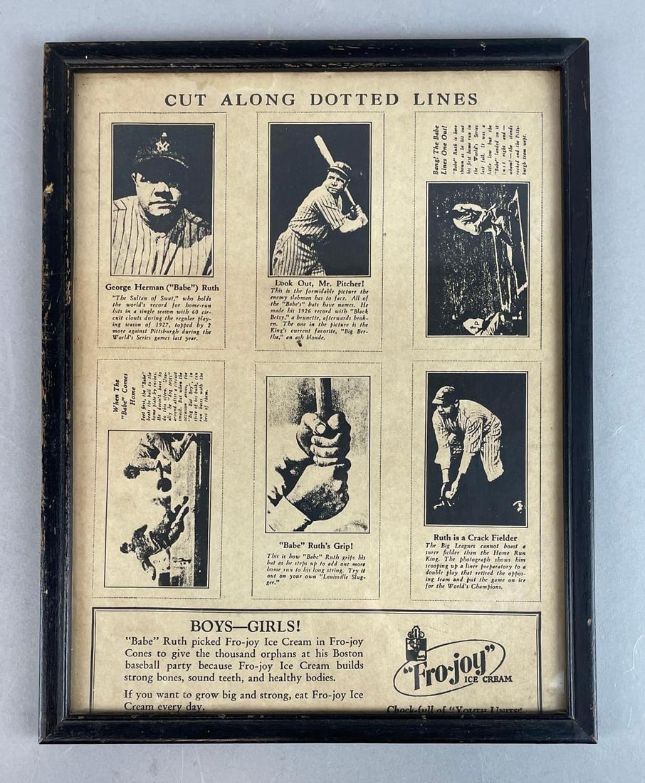 Reproduction Fro-Joy Ice Cream Babe Ruth Cutout Cards: Reproduction. Frame measures 11 3/4 x 9 1/4 inches