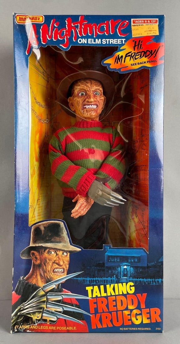 Matchbox A Nightmare on Elm Street Talking Freddy Krueger Doll: Working condition pull string, sealed dented original packaging measures 20 1/2 x 9 3/4 x 5 inches