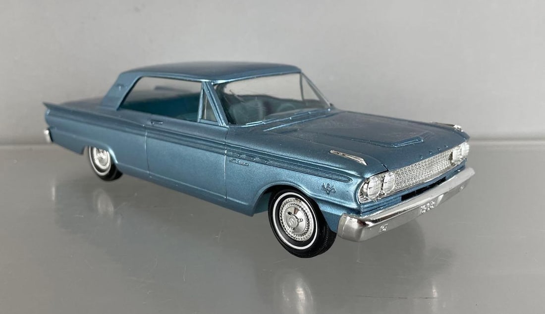 1963 Ford Fairlane 500 Coupe Dealership Promo Car: Repainted Viking blue, coaster, chip on door, small scuffs