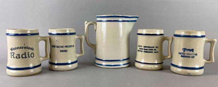 Group of 4 Blue and Cream Stripe Stoneware Advertising Mugs and More