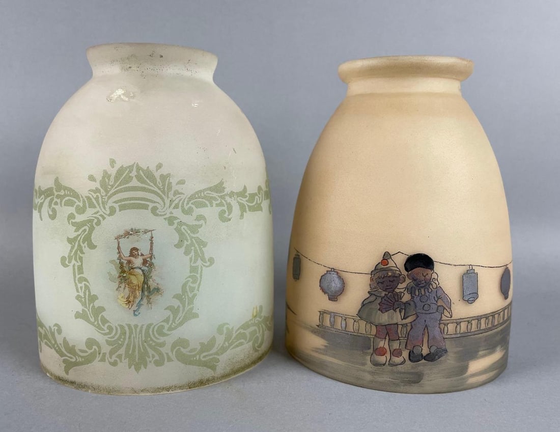 Group of 2 Antique Figural Glass Lamp Shades: Largest measures 5 1/4 x 4 1/4 inches, 2 1/4 inch fitters