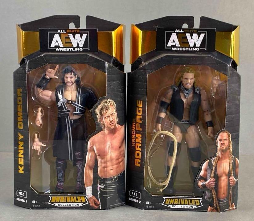 Group of 2 AEW Unrivaled Collection Action Figures: All elite wrestling, includes Kenny omega and Adam Page, sealed like new, measures 10 1/2 x 6 x 2 1/2 inches