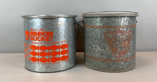Group of 2 Pressed Steel Advertisimg Minnow Buckets