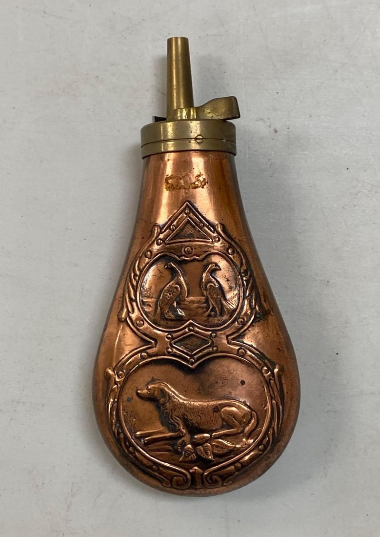Vintage Copper and Brass Relief Powder Flask (1 of 3)