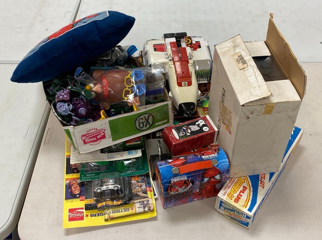 Group of Assorted Toys and More: Includes Ornaments, pillow, spawn action figures and more, largest measures 11” H x 6” W x 10” D