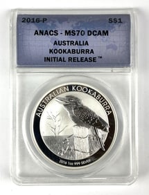 ANACS Graded 2016 P $1 Australia Kookaburra 1 oz .999 Silver MS70 DCAM