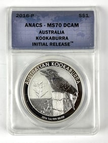 ANACS Graded 2016 P $1 Australia Kookaburra 1 oz .999 Silver MS70 DCAM