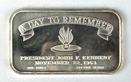 1963 John F Kennedy A Day to Remember 1 oz .999 Fine Silver Ingot/ Bar