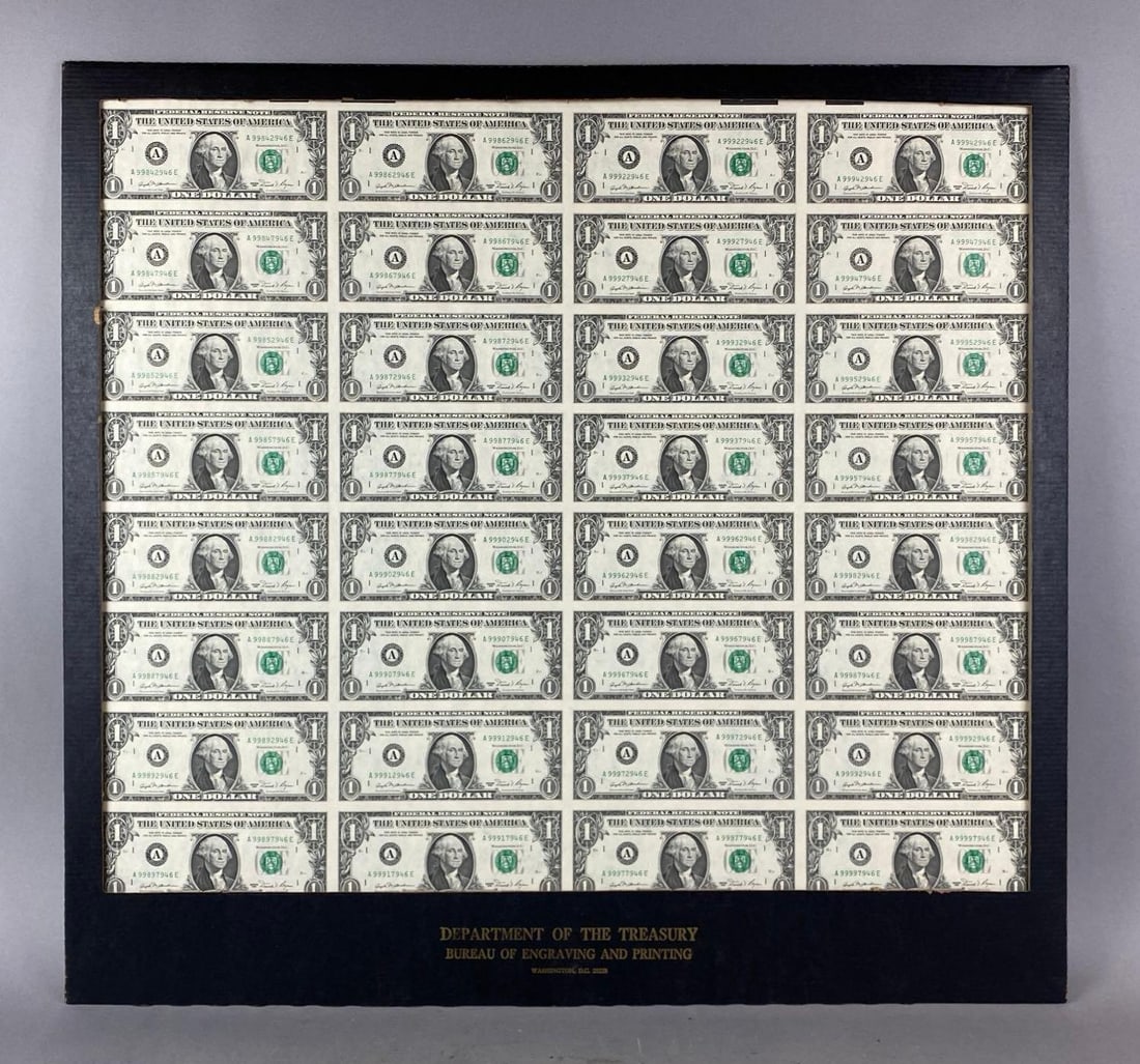Uncut Sheet of 32 1981 US $1 Bills in a Department of the Treasury Frame (1 of 3)