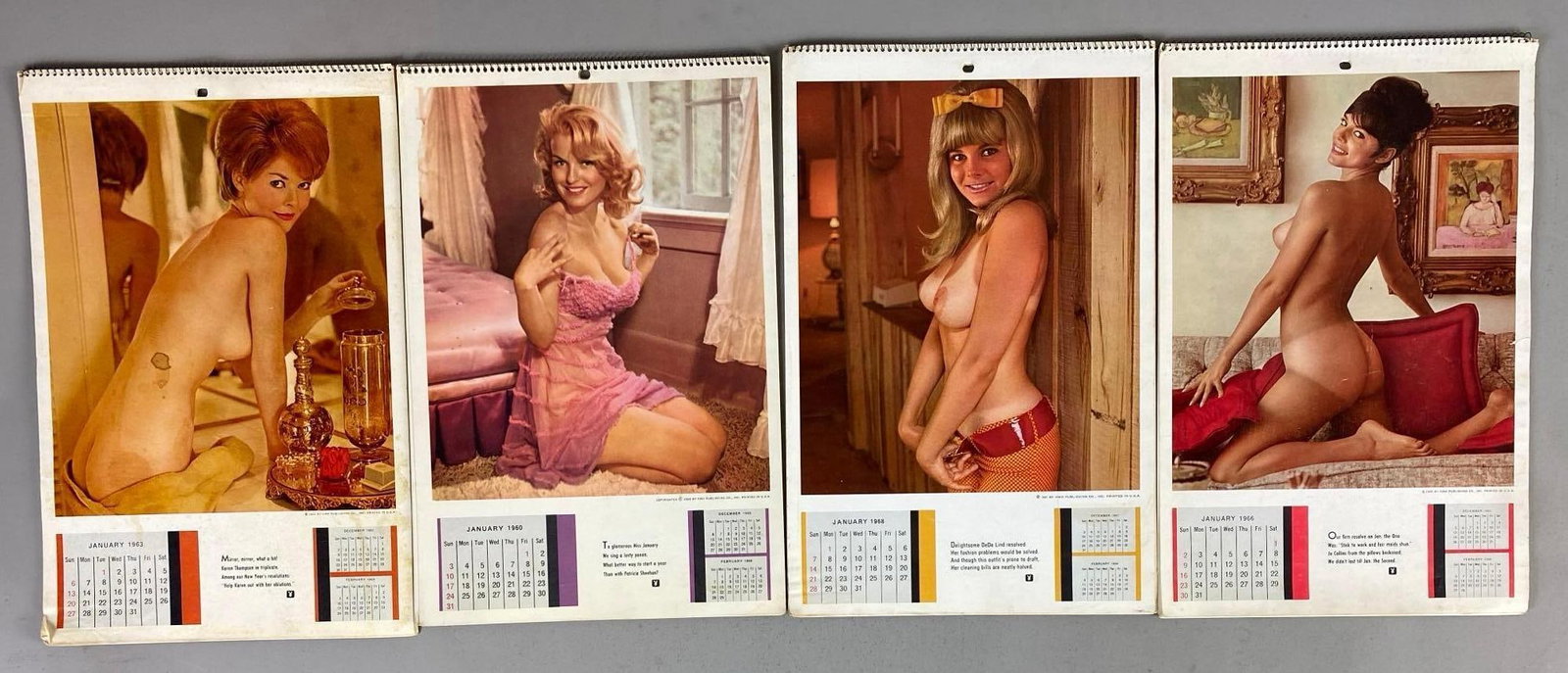 Group of 4 Adult Calendars: Rips + tears throughout circa 60’s