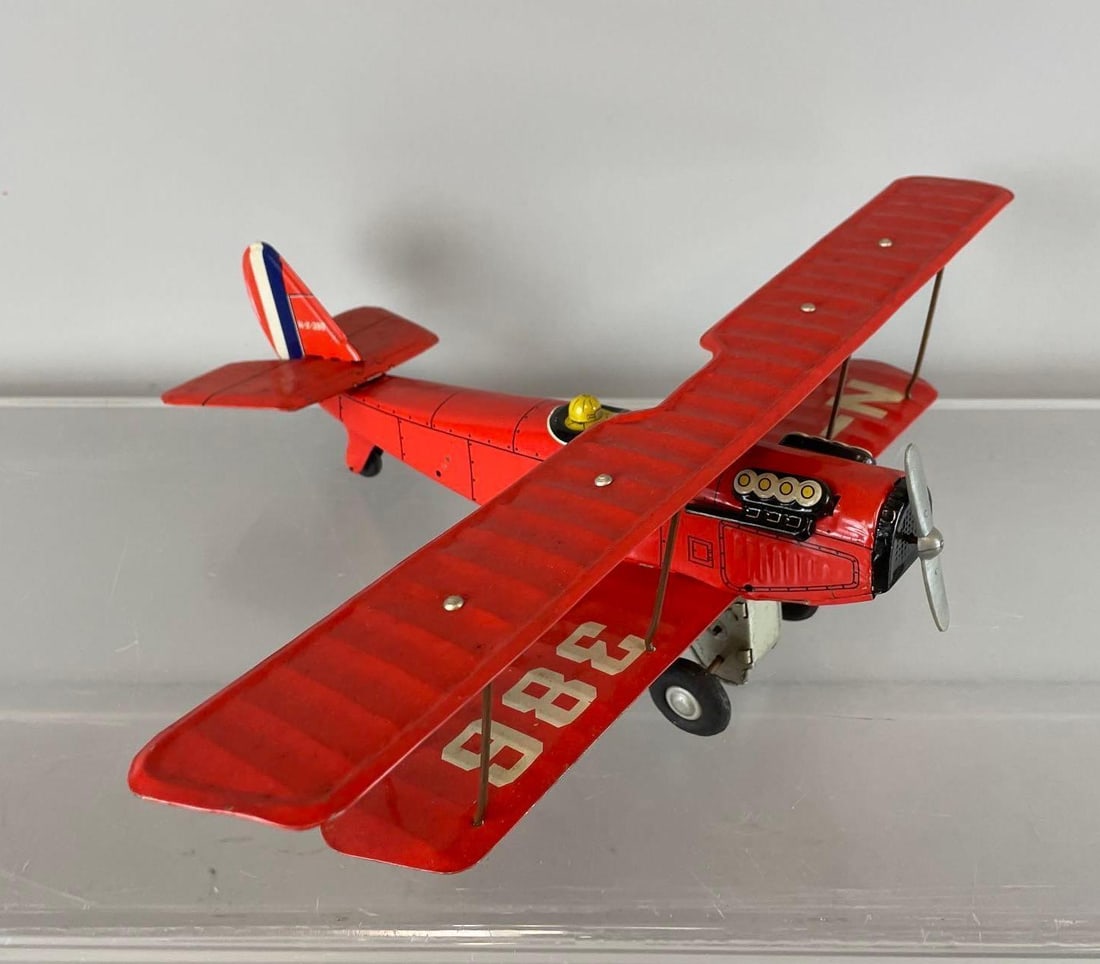 Tin Litho Friction Bi-Wing Airplane: Working condition, measures H 4 1/2" x W 14 3/4" x D 11"