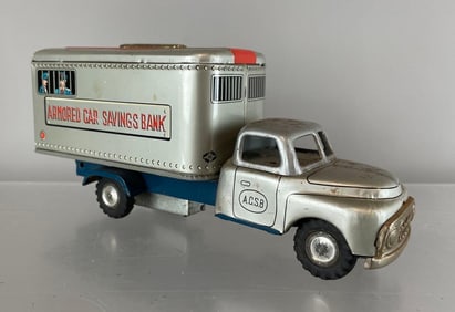 1958 Japanese Armored Car Savings Bank Tin Litho Friction Truck