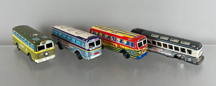 Group of Vintage Japanese Tin Litho Friction Buses