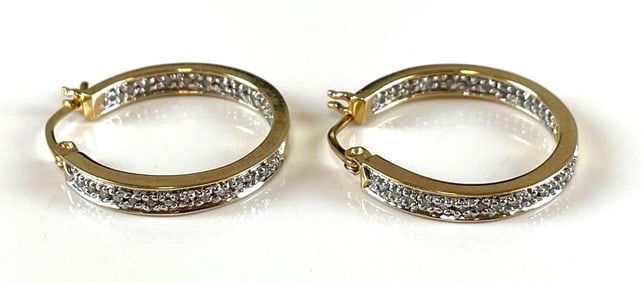 Pair of 10k Gold Diamond Encrusted Hoop Earrings