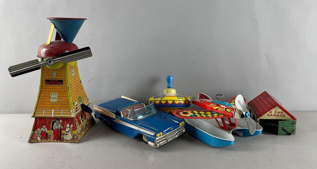 Group of Vintage Tin Litho Toys: MAC Dutch mill measures H 12 1/4" x W 5" x D 5"