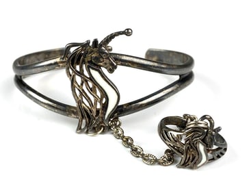 Signed .925 Sterling Silver with Enamel Inlay Unicorn Ring to Wrist Cuff