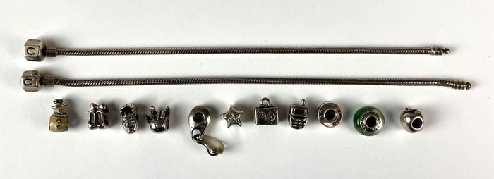 Group of 2 Signed Chamilia .925 Sterling Snap Bracelets and 11 .925 Sterling Silver Charms