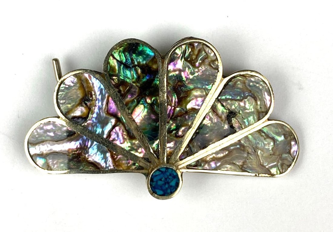 Signed Alpaca .925 Sterling Silver, Turquoise and Abalone Hair Clip: Measures H 1 x W 1 1/2 x D 1/2 inches