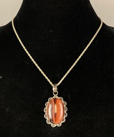 .925 Sterling Silver and Red Tigers Eye Cabochon Pendant on Italy .925 Sterling Silver Rope Chain