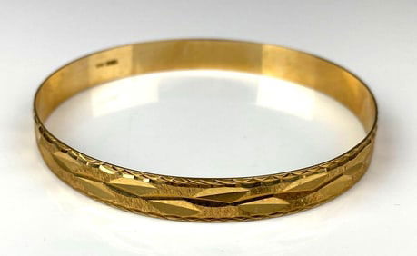 Signed Vios 14K Yellow Gold Etched Bangle Bracelet
