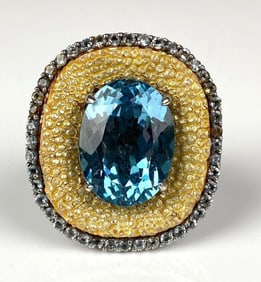 Signed Chi .925 Sterling Silver Aqua and Topaz Ring
