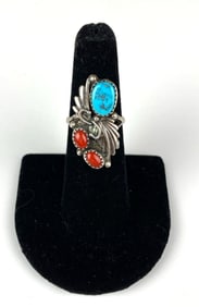 Native American .925 Sterling Silver Turquoise and Red Coral Ring