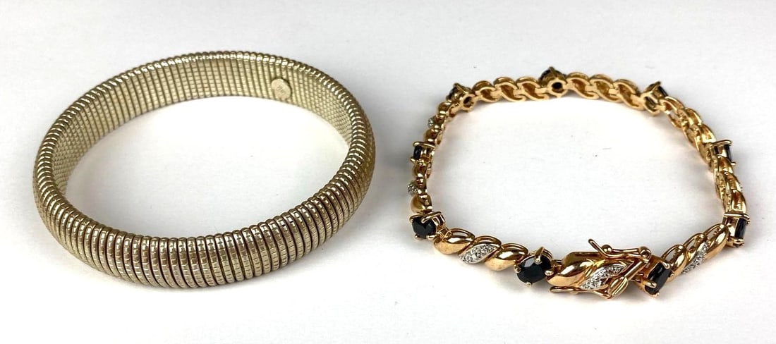 Group of 2 .925 Sterling Silver Bracelets: One Is Spinel and Diamonds. Largest Interior measures 6 3/4 inches.