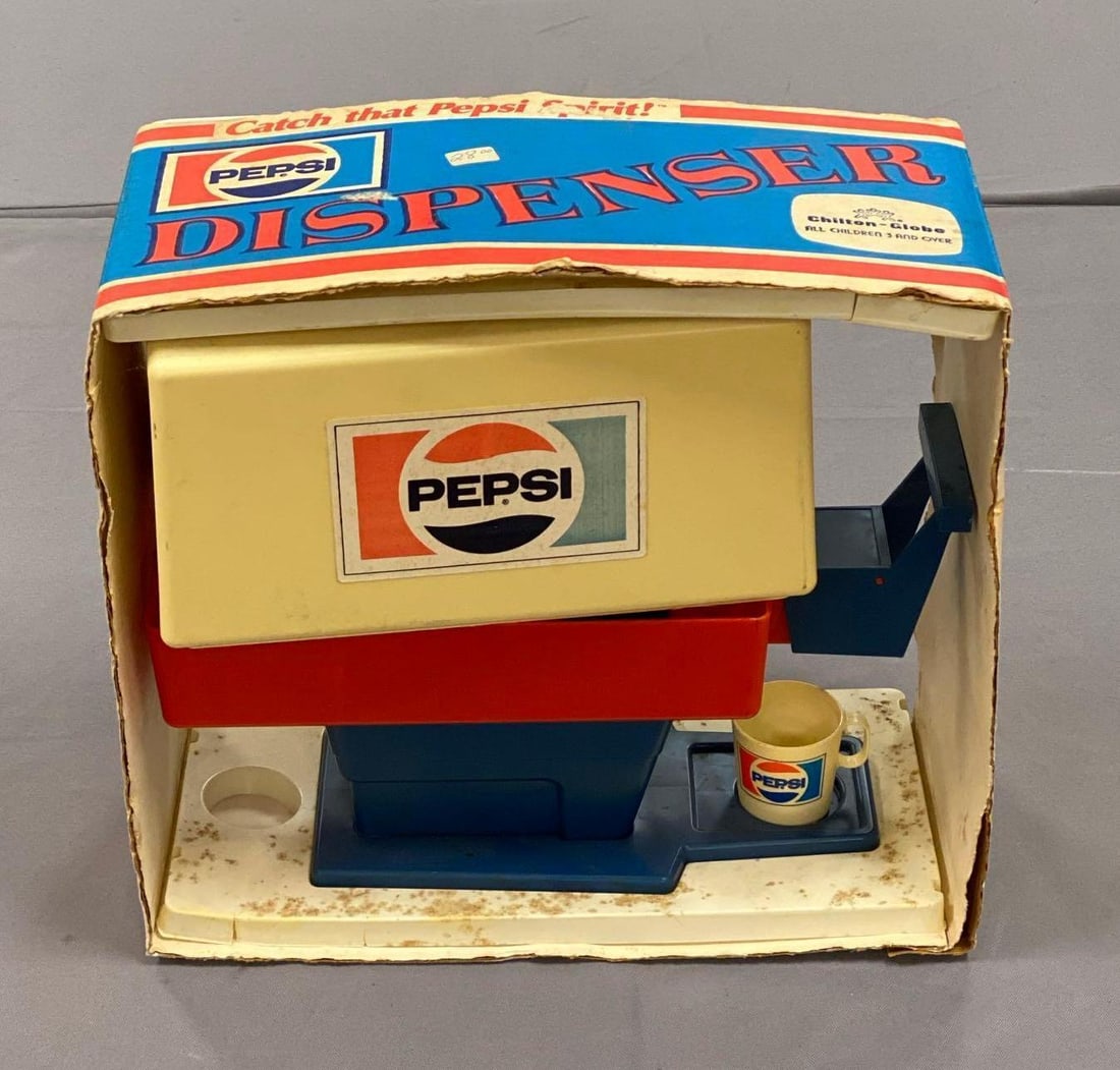 Vintage Chilton-Globe Pepsi Toy Dispenser: in original box with cup, missing front and back of box, measures 12” H x 13” W x 6” D