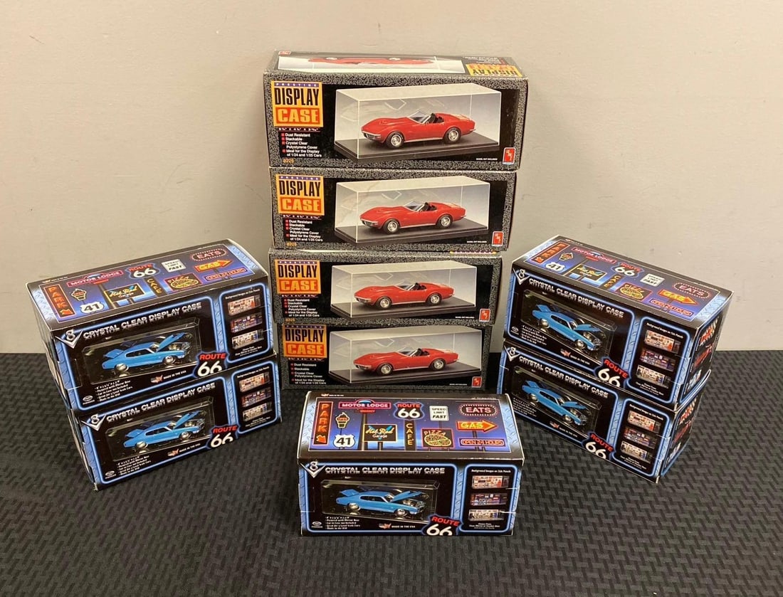 Group of Assorted Displays cases: Clear plastic 8 x 3.3 x 3 7/8 and 9 3/4 x 4 1/4 x 3 11/16