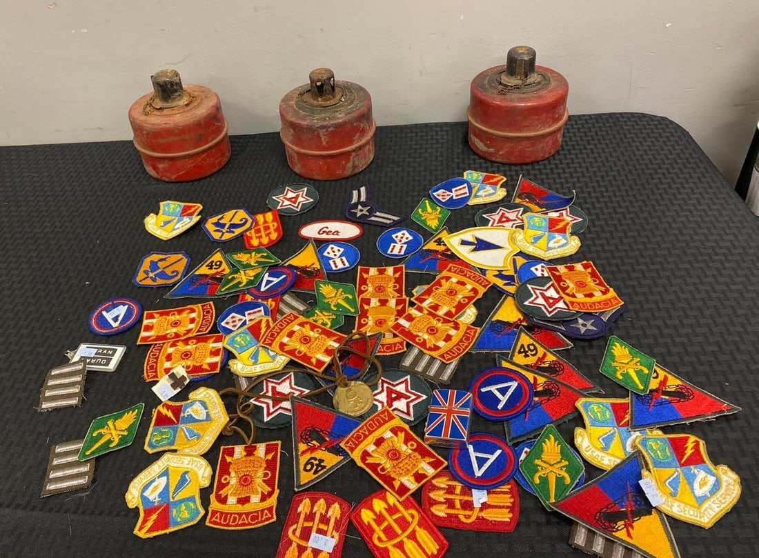 Group of Assorted Military Patches and oil lamps: 3 oil lamps and mixed lot of patches