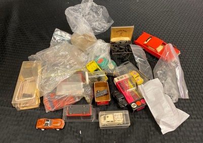 Group of Assorted Model Car parts and Plastic Display box