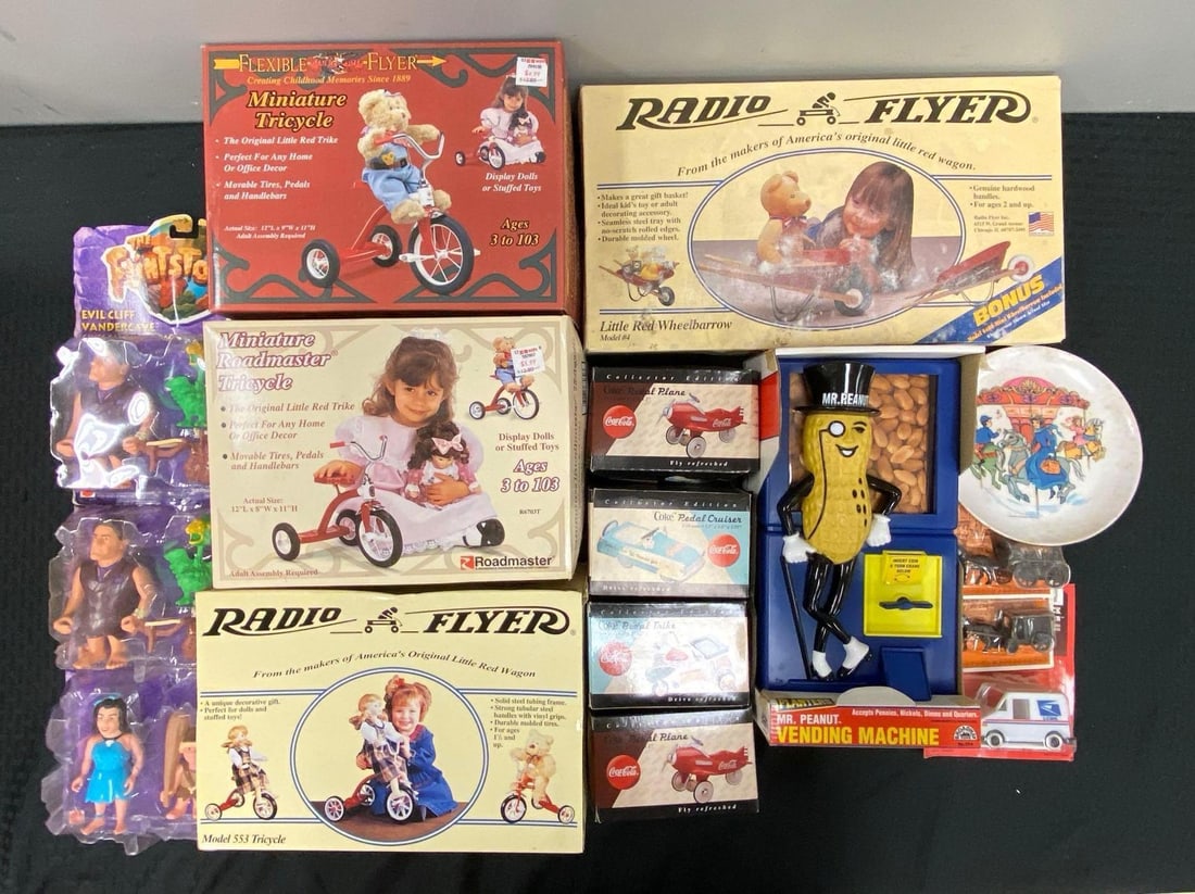 Group of Flintstones Action Figures and More: Includes Mr Peanut vending machine, Flexible flyer trike and more, Largest box measures 9” H x 15 1/2” W x 3” D