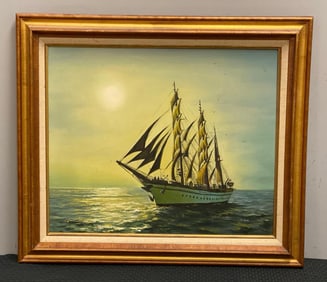 H Jene Signed Sailing Ship Oil On Canvas Painting