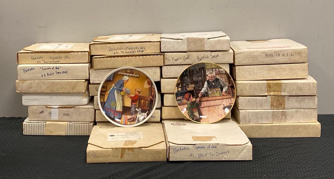 Group of Assorted Porcelain Art Display Plates: Features Norman Rockwell, all in original boxes, largest plate shown measures 8 1/2” in diameter