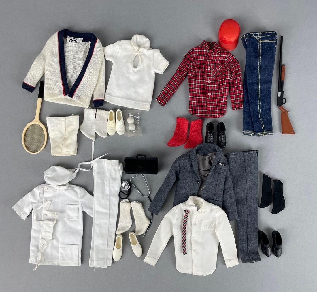 Group of 1960s Mattel Ken Fashion Doll Outfits: Includes time for tennis, goin hunting, dr Ken, Saturday date