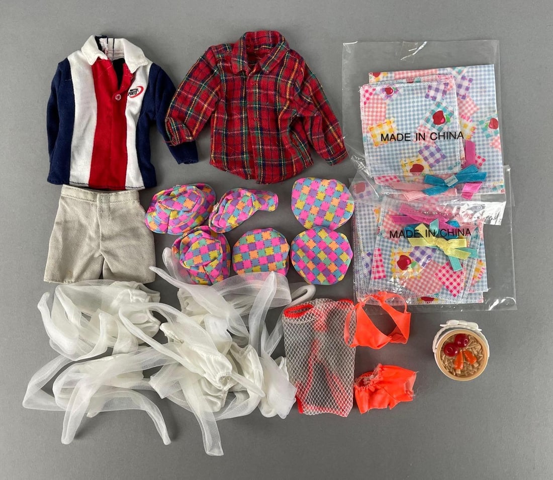 Group of Barbie Fashion Doll Clothes and Accessories: Includes fashion Avenue Ken outfit, nibbles food bucket