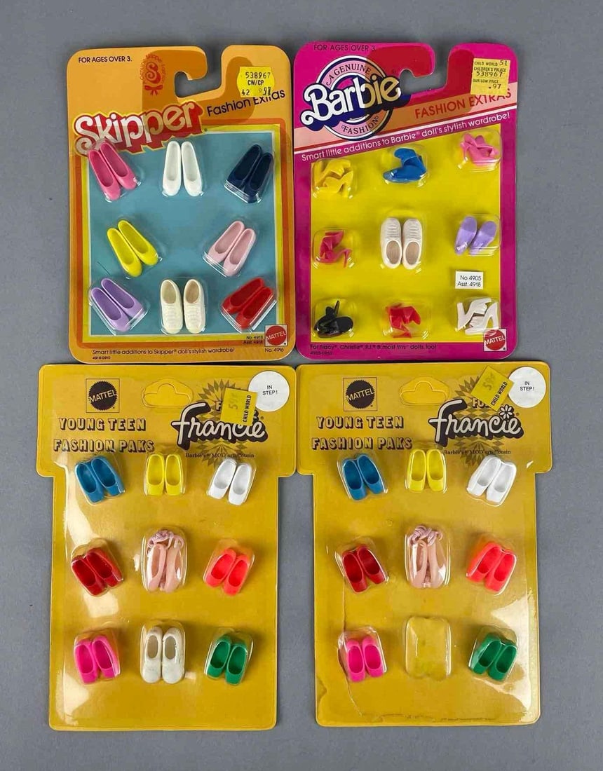 Group of Vintage Mattel Barbie and Friends Fashion Doll Shoes: One Francie package opened, missing white pair