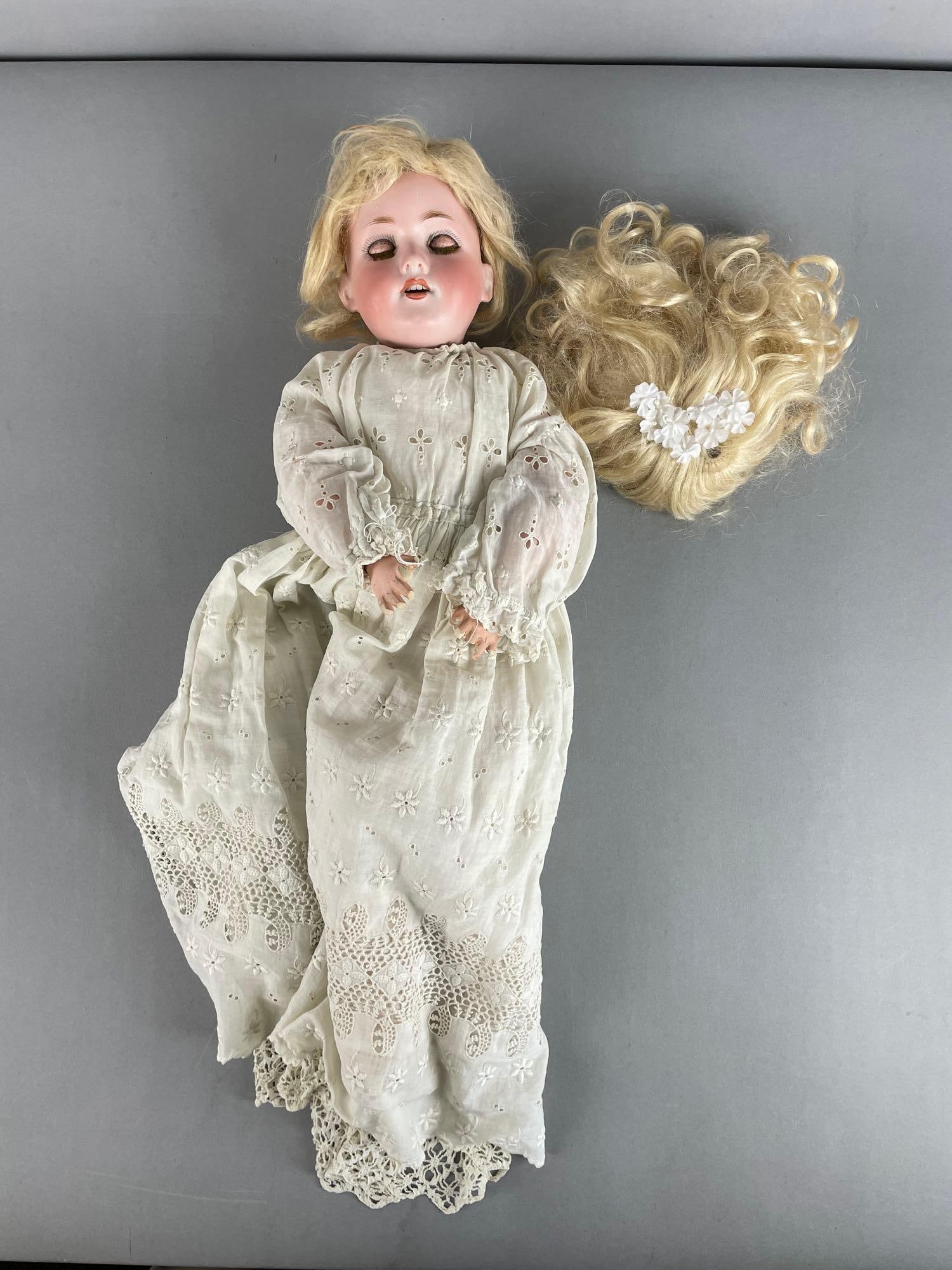 Antique Armand Marseille German Porcelain Doll: Includes 2 wigs, broken fingers, cracked feet, 20" tall